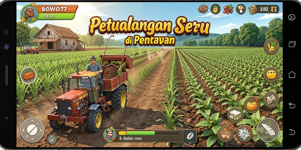 Screenshot BOWO77 memperlihatkan kegiatan bertani yang seru dan interaktif.