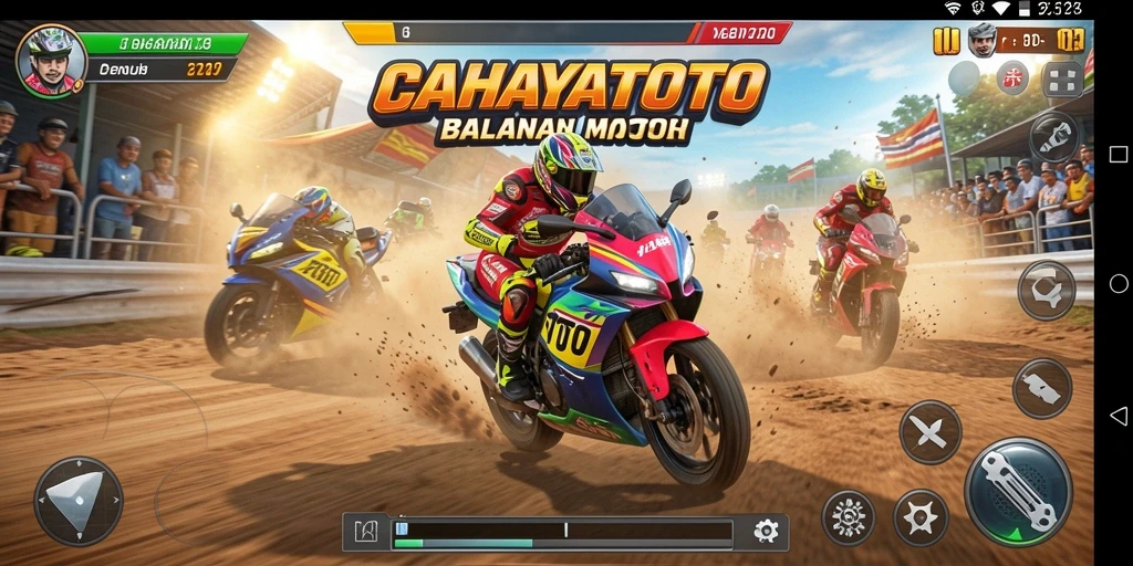 Tangkapan layar gameplay CAHAYATOTO dengan balapan motor yang intens.