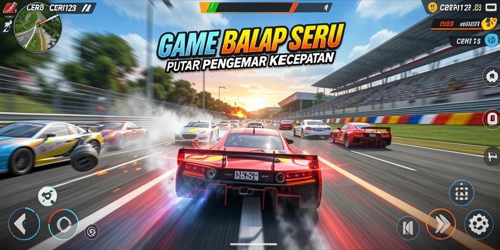Tampilan gameplay balap yang menegangkan di CERI123 dengan banyak kendaraan.