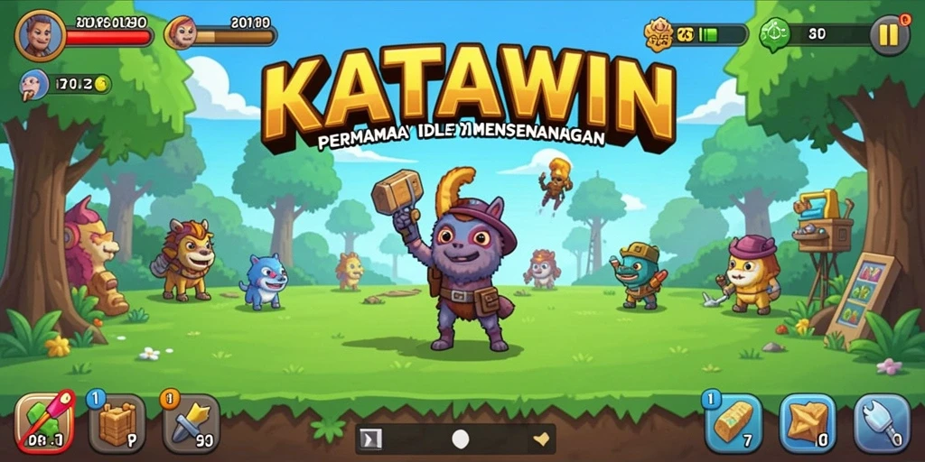Screenshot gameplay KATAWIN yang menunjukkan karakter bekerja secara otomatis.