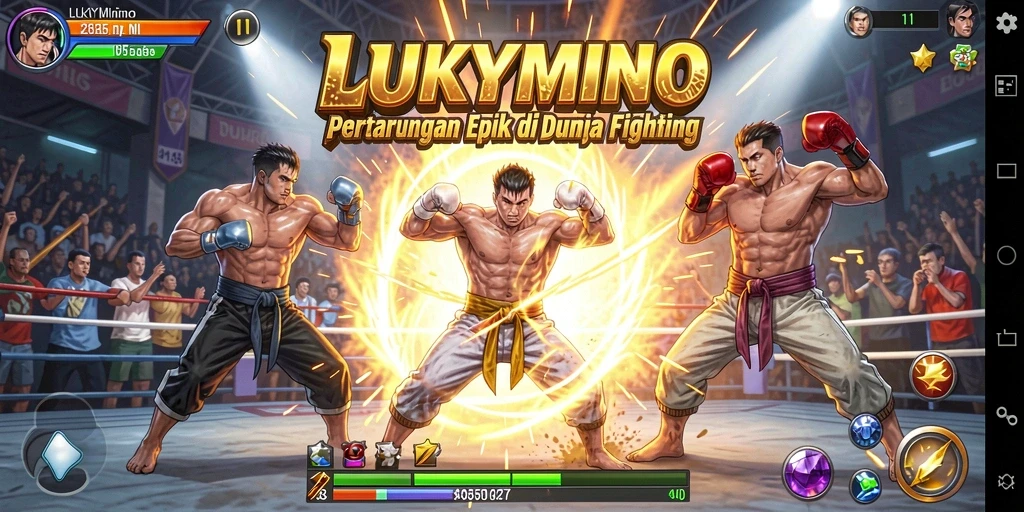 Screenshot gameplay LUKYMINO menampilkan pertarungan seru karakter.