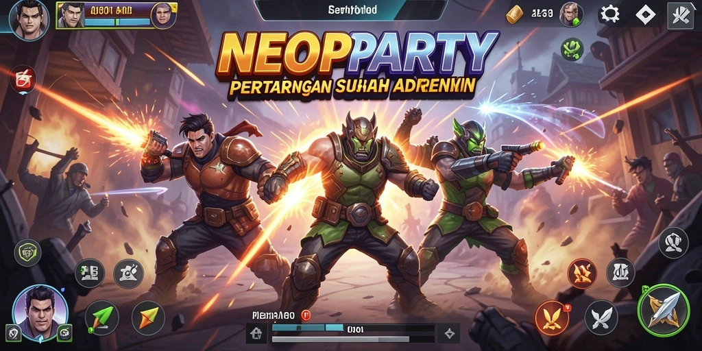 Screenshot gameplay NEOPARTY menampilkan pertarungan seru antar karakter.