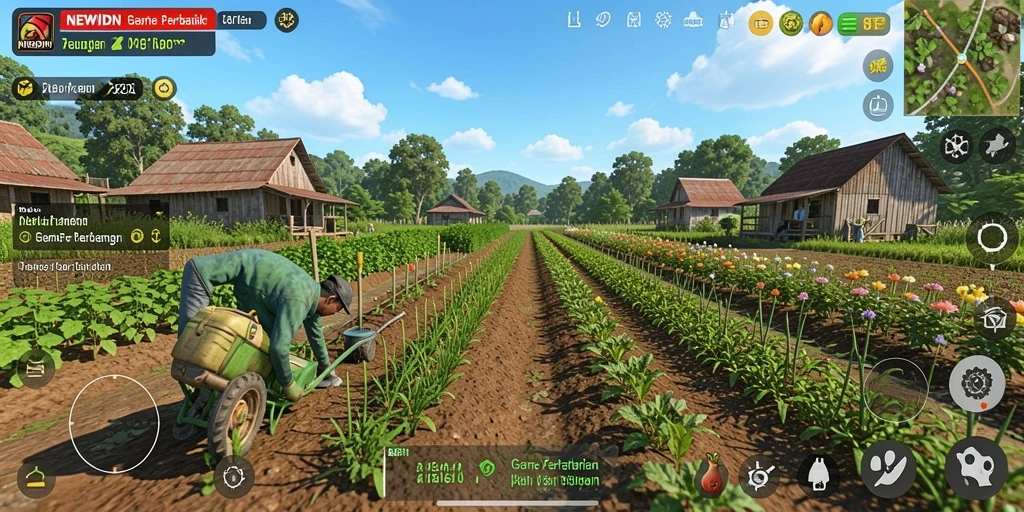 Tampilan gameplay <strong>NEWIDN</strong> menunjukkan ladang yang subur dan beragam tanaman.