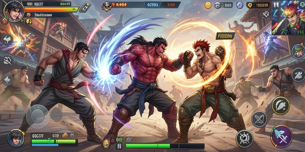 Screenshot QQ222 menampilkan aksi pertarungan seru dan karakter berwarna-warni.