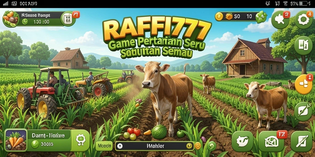 Tampilan gameplay seru di RAFFI777 dengan latar pertanian.