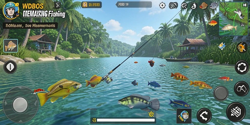 Gameplay WDBOS yang seru dengan berbagai ikan dan lokasi memancing.