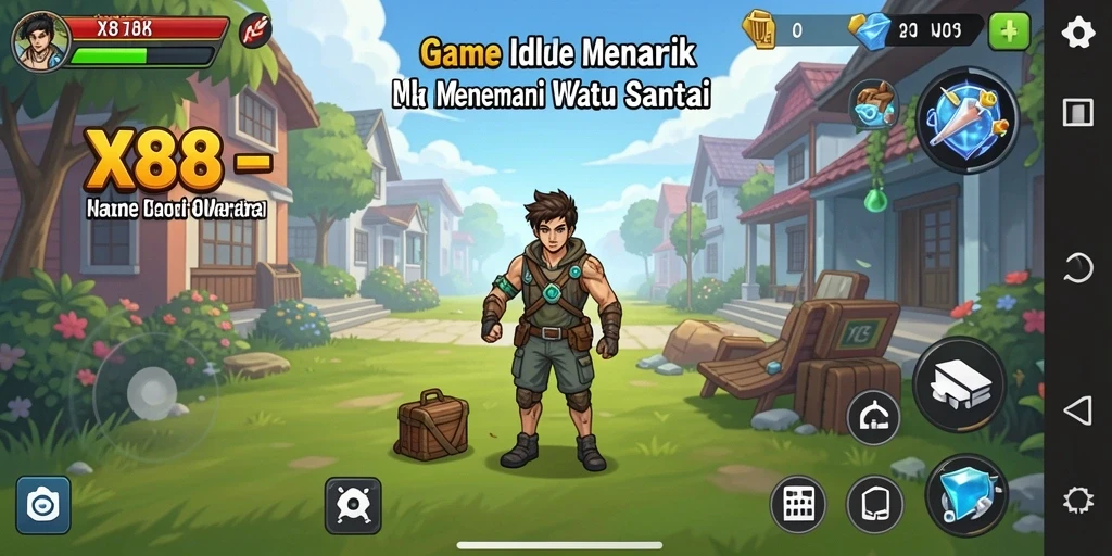 Screenshot gameplay X88 dengan karakter yang sedang berkembang dan berbagai item.